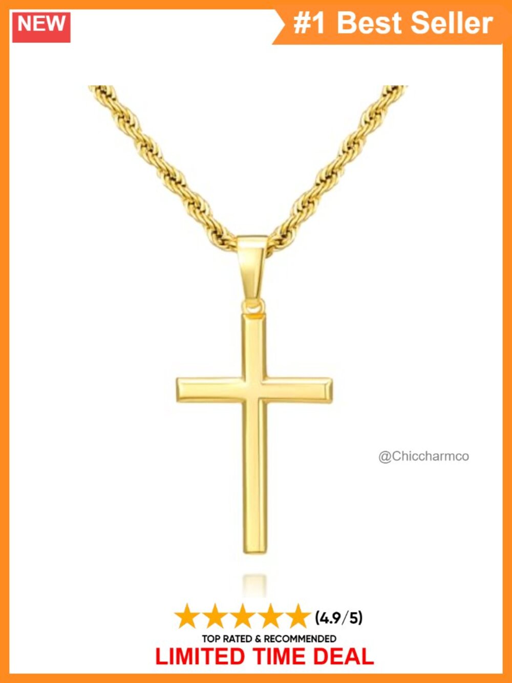 SWEETV 18K Gold Plated 925 Sterling Silver Cross Necklace Men 18"